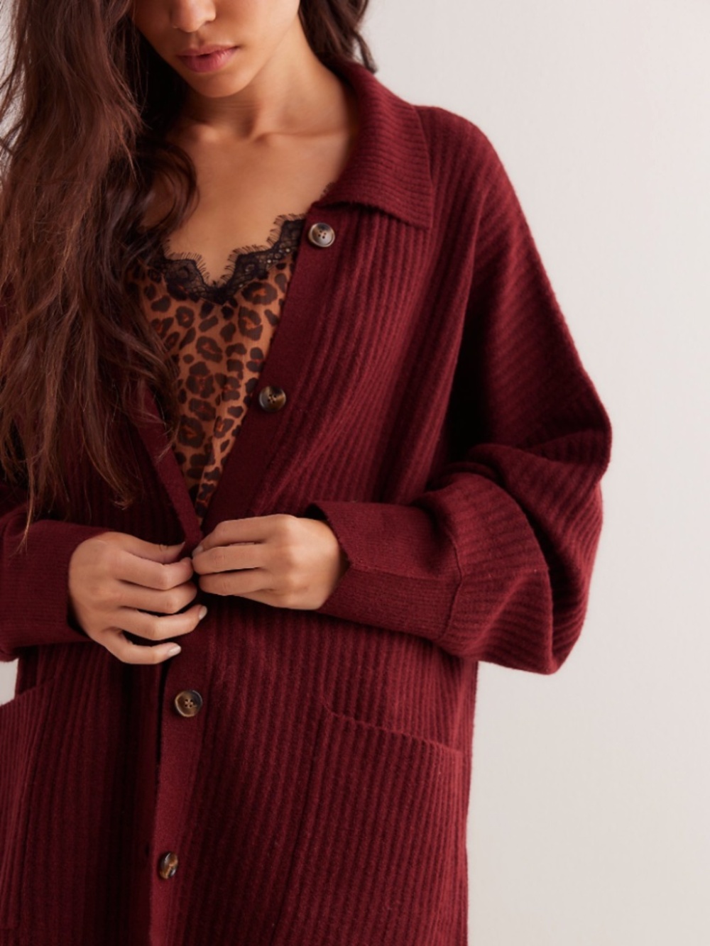 Free People Burgundy Ribbed Longline Cardigan Sweater Small